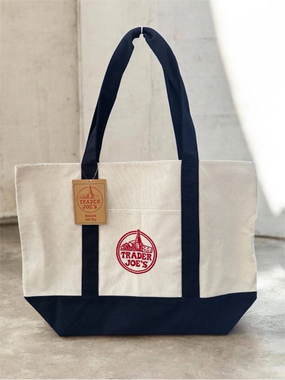 Trader Joe's Cream and Navy Canvas Tote Bag